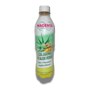 Bebida funcional de colágeno hidrolizado y aloe vera con jengibre natural y sabor a maracuyá en botella refrescante.