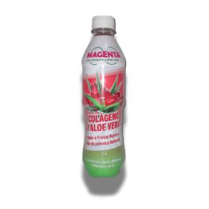 Bebida funcional con colágeno hidrolizado, aloe vera, flor de Jamaica y frutos rojos, ideal para la hidratación y el bienestar articular