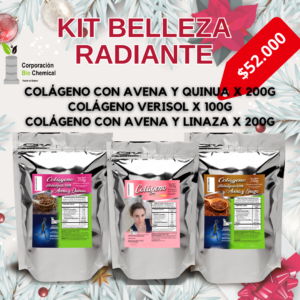 Kit Belleza Radiante para Navidad y Año Nuevo 2025, incluye colágeno con avena y quinua 200g, colágeno Verisol 100g, y colágeno con avena y linaza 200g para una piel radiante