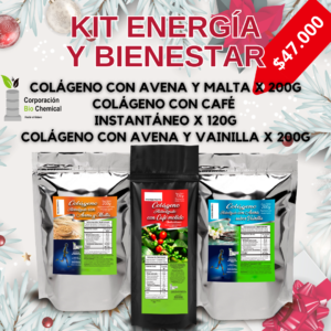 Kit Energía y Bienestar para Navidad y Año Nuevo 2025, con colágeno con avena y malta 200g, colágeno con café instantáneo 120g, y colágeno con avena y vainilla 200g