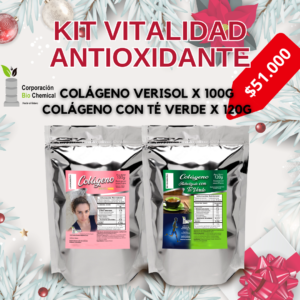 Kit Vitalidad Antioxidante para Navidad y Año Nuevo 2025, incluye colágeno Verisol 100g y colágeno con té verde 120g para promover salud y energía