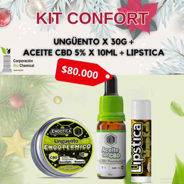 Kit Confort con CBD para Navidad y Año Nuevo 2025, incluye ungüento con CBD 30g, aceite CBD 5% 10ml y protector labial con CBD