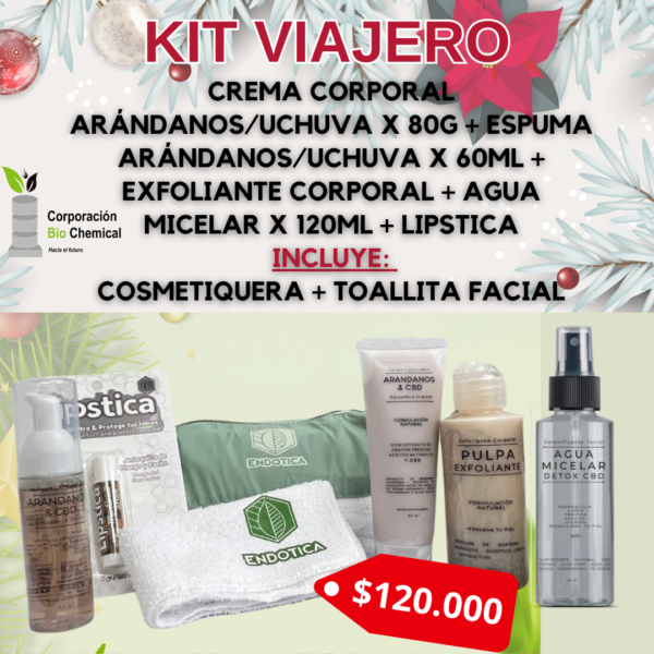 Kit Viajero de Belleza para Navidad y Año Nuevo 2025, incluye crema corporal Arándanos/Uchuva 80g, espuma Arándanos/Uchuva 60ml, exfoliante corporal, agua micelar 120ml, labial, cosmetiquera y toallita facial