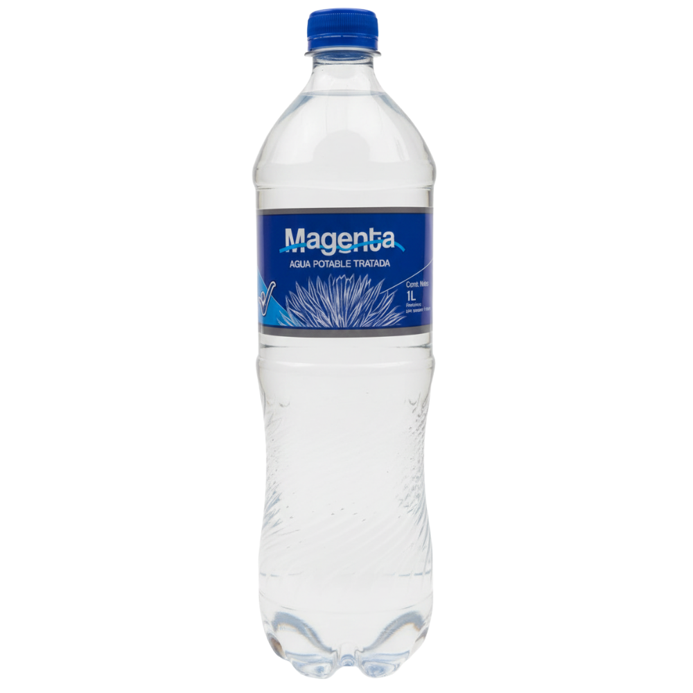 Agua Magenta 1L con tapa normal – Presentación clásica 💧🟦 Botella de Agua Magenta 1 litro con tapa normal azul 💙