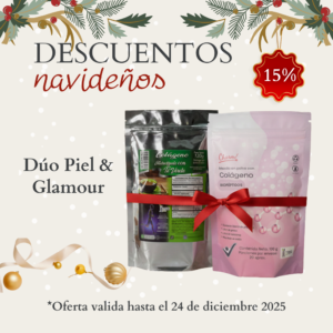 Oferta navideña del Dúo Piel & Glamour de Charm! Incluye el Colágeno Biopéptidos para Piel, Pelo y Uñas, y el Colágeno con Té Verde antioxidante. Los productos están atados con un lazo rojo sobre un fondo festivo con un árbol de Navidad y regalos.